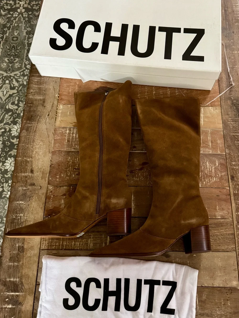 Schutz Rafaela Up Mid Boots Women 9.5B Brown Suede Knee High Block Heel NWT